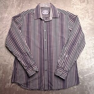 Bugatchi Button Up Shirt Mens L Black Gray Striped Shaped Fit Cotton Long Sleeve